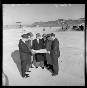 Members of Wellington City Council's airport committee, with City Engineer F B C Jeffreys, at Wellington Airport, Rongotai