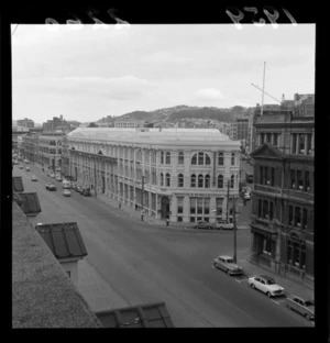 Jervois Quay, Wellington, showing business premises of Sargood Son & Ewen and Briscoe EW Mills & Company Limited