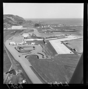 Aerial view of Wellington Airport, Rongotai, showing terminal building and carpark