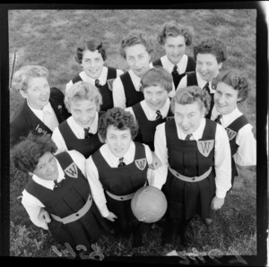 Group portrait of Wellington East Girls' College senior basketball team