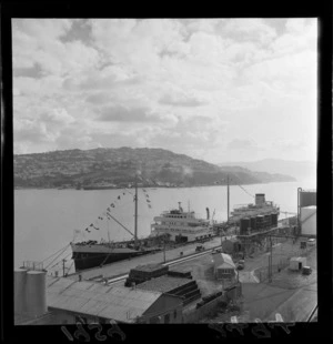 Shell tanker ship 'Plagiola', carrying bitumen cargo, docked at Burnham Wharf, Miramar, Wellington