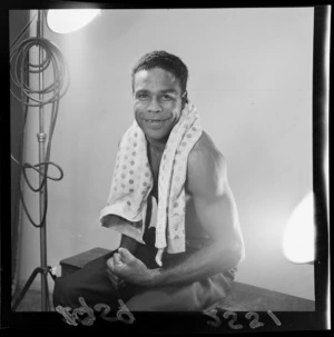 Studio portrait of Australian boxer Keith Saunders