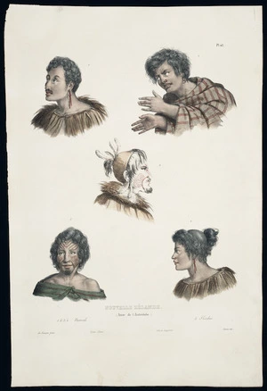 Sainson, Louis Auguste de, b 1800 :Nouvelle-Zelande [Portraits and examples of tattoo]. Pl[ate] 70 / de Sainson pinxt; Maurin lith. J. Tastu, editeur, Lith. de Lemercier. [Paris; 1833]