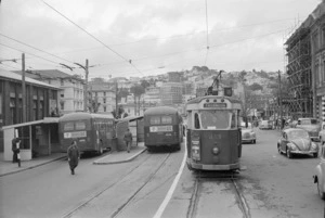 Tram terminus, Lambton Quay, Wellington, looking south