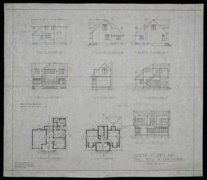 Atkins & Mitchell, architects :House at Days Bay for Miss M Hawthorn. [Elevations, sections and plan views]. August 1926