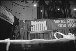 Prime Minister Robert Muldoon speaking in the Wellington Town Hall during the 1978 election campaign - Photograph taken by Matthew McKee