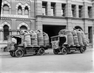 New Zealand Express Co trucks loaded with Michelin tyres, Christchurch
