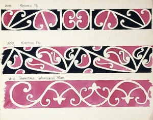 Godber, Albert Percy, 1876-1949 :[Drawings of Maori rafter patterns]. 208. Kikopiri Pa; 209. Kikopiri Pa; 210. Tawhitinui. Whanganui River. [1947]