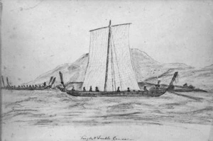 Pencil sketch of single and double hulled canoe