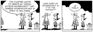 "The Minister wants to create an 'inside-outside government' that shares information and is open to new ideas" "What sort of government is it at the moment?" "Up itself" 25 September 2009