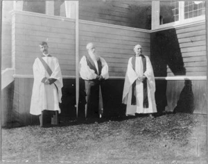 Reverend W H Bawden, Bishop William Leonard Williams and Reverend W Goodyear after the consecration service, St John The Baptist Church, Te Puke