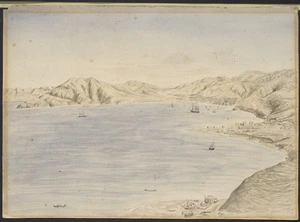 Brown, William Robert Edward, 1830-1907 :A sketch of part of Wellington, N.Z. ; from ... Kai-warra-warra hill / W R E B 1857.