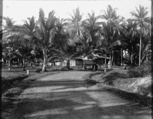Charles J Glidden's motor car entering coconut grove, Singapore