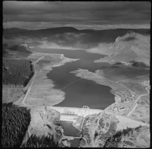 Aerial view of Whakamaru Hydro dam and lake, New Zealand