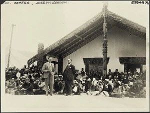 Creator unknown :Photograph of Joseph Gordon Coates before a group at Mahinarangi meeting house, Turangawaewae marae, Ngaruawahia