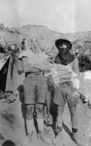 Two New Zealand soldiers in gas masks, Gallipoli, Turkey