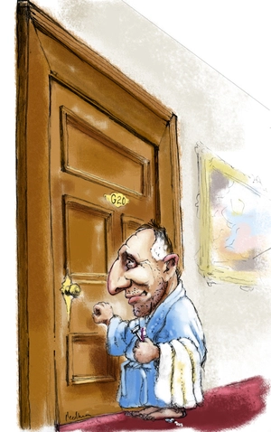 [John Key knocking on door of the G20]. 12 October 2009