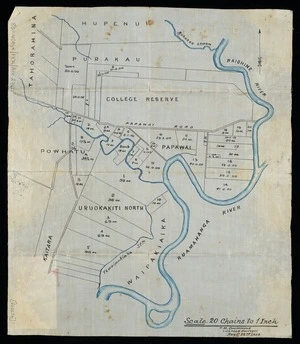 Drummond, Thomas McKay, 1846-1934 :[Map of land blocks around the Waiohine and Ruamahanga Rivers] [ms map] / T. M. Drummond, Licensed surveyor, August 22nd 1904.