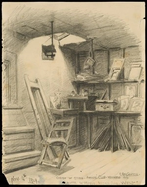 Sawtell, E Rosa, 1865-1940 :Corner of studio, Artists' Club, Wellington. Nov 4th 1919