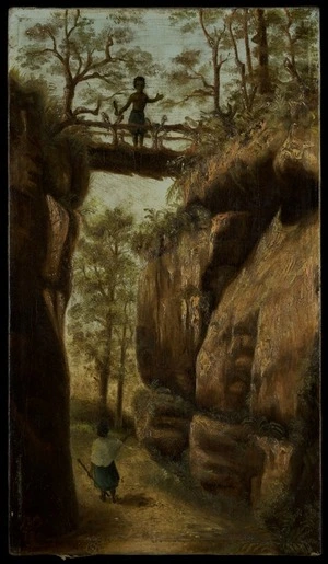 Barraud, Charles Decimus, 1822-1897 :[Maori figures and rock-walled path], New Zealand. 1878