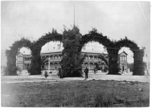 Decorated arches in front of Grand Hotel, Rotorua