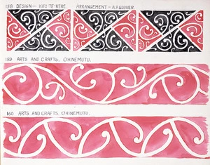 Godber, Albert Percy, 1876-1949 :[Drawings of Maori rafter patterns] 158. Design - Kiri-te-Kere / Arrangement - A P Godber; 159. Arts and Crafts, Ohinemutu; 160. Arts and Crafts. Ohinemutu. [1942?]