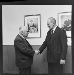Walter Nash saying farewell to the retiring HIgh Commissioner of the United Kingdom to New Zealand, Sir George Mallaby