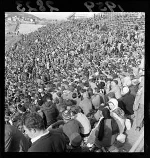 Crowd on the Western Bank grandstand at Athletic Park, Berhampore, Wellington, during second rugby test
