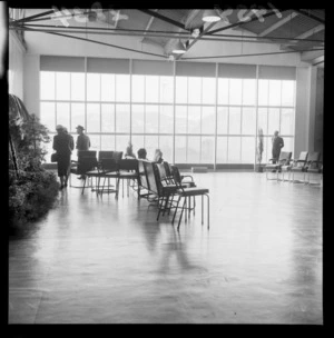 Interior of terminal building at Wellington Airport, Rongotai, Wellington, showing a waiting area