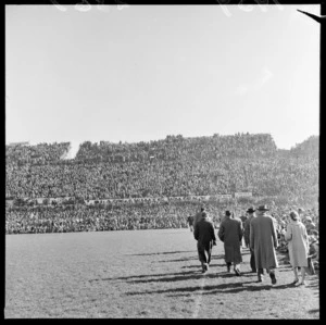 View of crowd on Western Bank grandstand at Athletic Park, Berhampore, Wellington, during second rugby test match, New Zealand All-Blacks vs British and Irish Lions