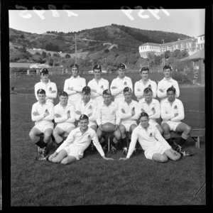 Portrait of Wanganui Collegiate School 1st XV rugby union football team, at Wellington College, Mount Victoria, Wellington