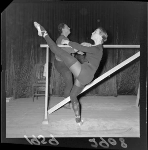 Russian ballet dancers [from the Bolshoi Ballet company?] practising at the barre, probably Wellington region