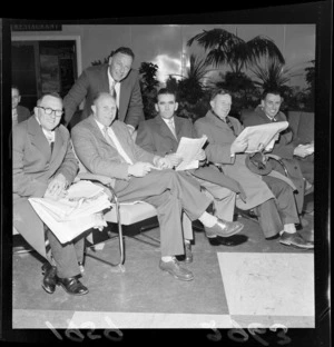 Viscount passengers for Christchurch waiting inside Wellington's domestic air terminal