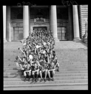 View of unidentified Boy Scouts on the steps of Parliament, Wellington City