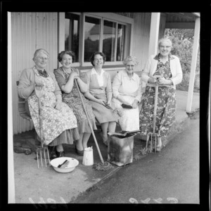 Five unidentified members of Petone Central Croquet Club, Wellington Region, [at a working bee?]