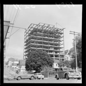 Exterior of Shell building under construction, showing steel framework, The Terrace, Wellington City