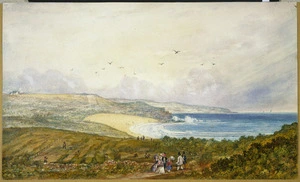 [Brees, Samuel Charles] 1810-1865 :[Group of settlers on path overlooking beach, probably Wellington Heads from the hills above Houghton Bay. ca 1843]