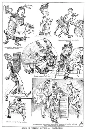 Blomfield, William, 1866-1938 :Girls in Printing Offices - A Compromise. New Zealand Observer and Free Lance, 4 October 1890.