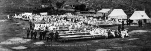 Tables set for Christmas dinner, Maymorn camp, Wairarapa