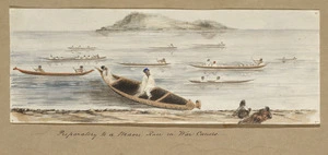 Pearse, John, 1808-1882 :Preparatory to a Maori race in war canoes. [Wellington Harbour? Between 1854 and 1856]