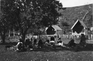 Photograph of a group of women at Koroniti processing flax