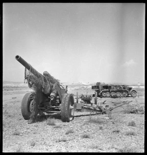 German field gun and half-track tractor, near Gabes, Tunisia, during World War 2