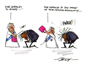 "For services to rugby - For services to the image of New Zealand masculinity" 2 June 2006