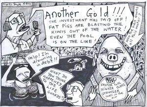 Doyle, Martin, 1956- :'Another Gold!!! the investment has paid off! fat pigs are blasting the Kiwis out of the water! even the pool is on the line!'. 3 August 2012