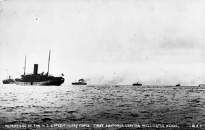 Troopships of the New Zealand Expeditionary Force leaving Wellington Heads during World War I