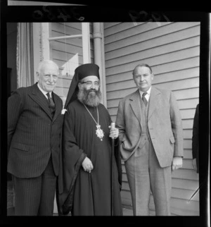 Greek Consul General Mr T Seddon with the Most Reverend Archbishop Ezekiel and the Governor-General Lord Cobham, Wellington Region