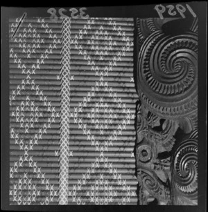 Detail of Tukutuku panel and carving, Waiwhetu, Lower Hutt, Wellington.