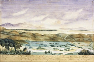 Liardet, Wilbraham Frederick Evelyn, 1799-1878 :View from Mt Pukekawa of the embuchure and meandering of the River Thames to Mt Aroha (or M[oun]t of Love) with Te Karapoti Pahus Kainga in the foreground. Parawai on the Kawaeranga River. / Original by W. F. Evelyn Liardet 1869. [Copied by] Nora Anderson 1901.