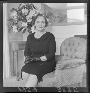 Portrait of Mrs Iris Kitts, wife of Wellington Central MP and Mayor Francis (Frank) Kitts, possibly at Parliament or Wellington Council buildings