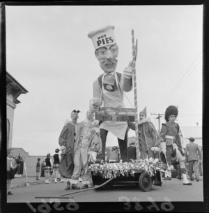 James Smith's Christmas Parade, 'Hot Pies' float with a large puppet cook and three men dressed as clowns, Wellington Region